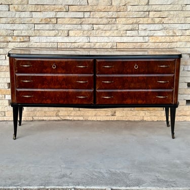 C. 1950s Italian Mid Century Modern Burl Wood 6-Drawer Dresser Chest or Sideboard with Faux Marble Glass Top 