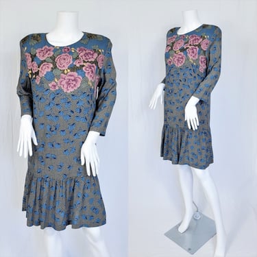 Carol Little 1980's Blue Black Ginko Leaf Rose Print Drop Waist Shift Dress I Sz Med 