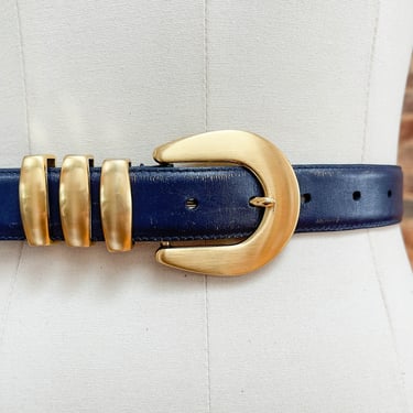 navy leather belt | 90s vintage dark blue academia style leather belt gold buckle 