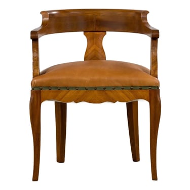 Antique French Louis XV Mahogany Desk Chair W/ Tan Leather 