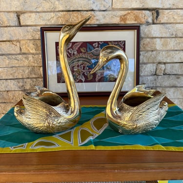 Pair of Mid Century Hollywood Regency Brass Swan Planters - Includes Free Shipping 