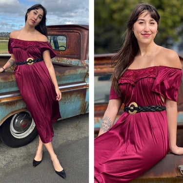 Maroon 70s 80s  Slinky Liquid Flowy Maxi Dress Textured Bodice S M 