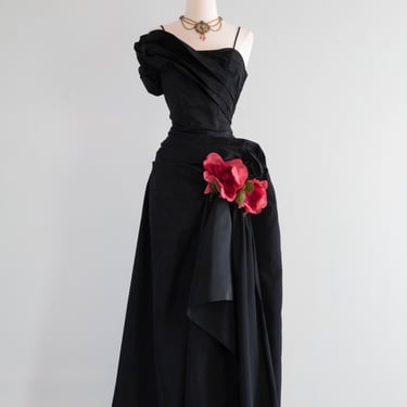 Spectacular 1950's 'La Vie En Rose' Black Taffeta Evening Gown / Medium