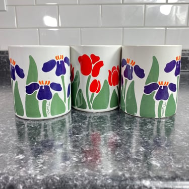 Vintage Nina Floral Flower Mugs 1983 CHD Set of 3, Red Tulips Purple Iris Coffee Mug Tea Cup Anchor Hocking Greenhouse Collection, Garden 