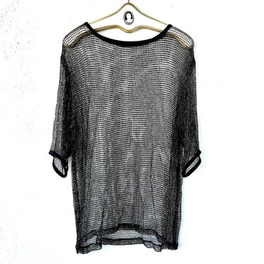 Vintage 90s Y2k Black Metallic Gold Mesh Shirtdress Sheer Crochet Swimsuit Coverup 