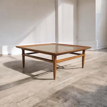 Mid Century Coffee Table, Walnut Wood, Sculptural, By Tomlinson, Living Room, Square, Marble, Fossil Stone 