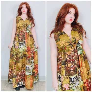 1970s Vintage Waltah Clarke's Pastoral Print Maxi Dress / 70s Yellow Empire Waist Hawaiian Drawstring Gown / Size Large - XL 
