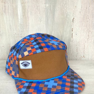 Handmade 6 Panel Hat, Triangle Front Baseball Cap, Blue Patchwork Quilt Print Camp Hat, Snap Back Hat 