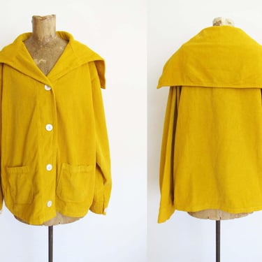 Vintage Mustard Yellow Corduroy Sailor Jacket L XL - Oversized Collar Button Up Boxy Jacket - Colorful Bold Fall Jacket 
