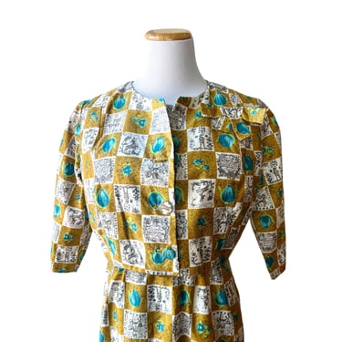 1950s Dress with Bolero, Cap Sleeve Dress with Belt &Cropped Jacket, Sexy Silhouette, True Vintage, Audrey Style, Polished Cotton Novelty 