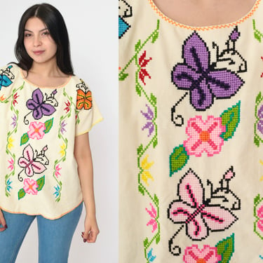 Floral Embroidered Blouse 90s Cream Butterfly Top Cross Stitch Boho Hippie Shirt 1990s Bohemian Vintage Tunic Flower Festival Medium 