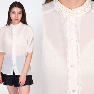 80s Puff Sleeve Blouse Semi-Sheer White Lace Collar Top Button Up Shirt Secretary Party Vintage 1980s Short Sleeve Medium 8 