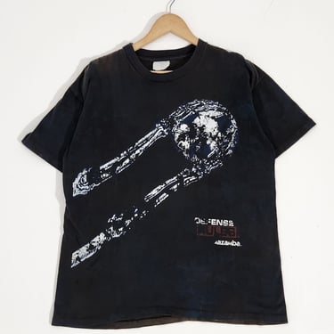 Vintage 1990s Mazamba &quot;Defense Rules&quot; Skeleton Soccer AOP T-Shirt Sz. L