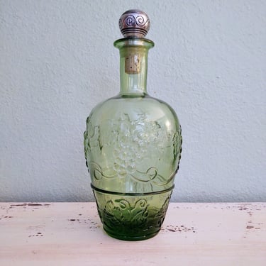 Vintage Green Glass Decanter with Grapevine Detail and Metal topped Cork 