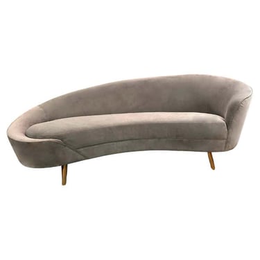 Midcentury Velvet Grey Curved Sofa with Brass Legs in Federico Munari Style