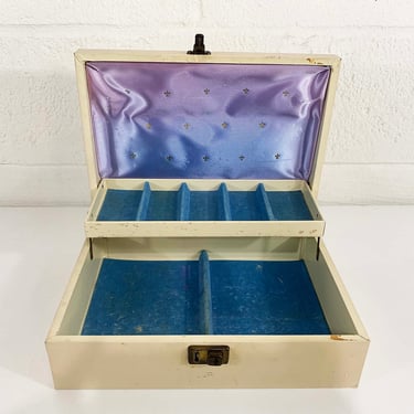 Vintage Ivory Mele Style Jewelry Box Beige White Blue Purple Gold Floral Hard Case Velvet Vanity Retro Storage 1960s 