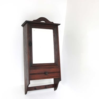 Vintage Small Wall Cabinet With Pediment Beveled Mirror Small Drawer Bathroom Medicine Apothecary Kitchen Cabinet Two Small Hooks 1930-40s 