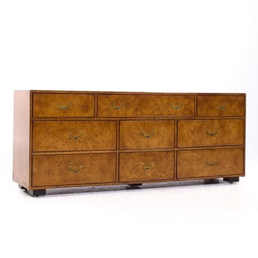 John Widdicomb Campaign Mid Century Burlwood and Brass Lowboy Dresser - mcm 