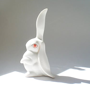 4" Herend bunny rabbit figurine Hungarian white porcelain one ear up white rabbit 