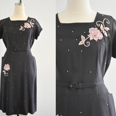 1940s Black Dress with Pearl Studs and Sequin Appliques 