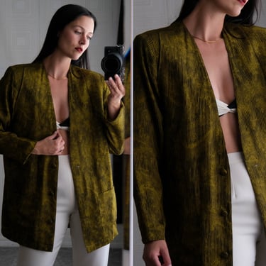 Vintage 80s Flora Kung Olive Green & Black Digi Stripe Print Boxy Fit Collarless Blazer | 100% Silk | 1980s Designer Boho Minimalist Jacket 
