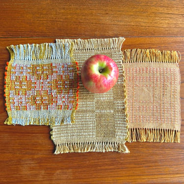 Vintage weaving samples in gold and orange tones / small woven hot pads, coasters, table runner, dollhouse rugs 