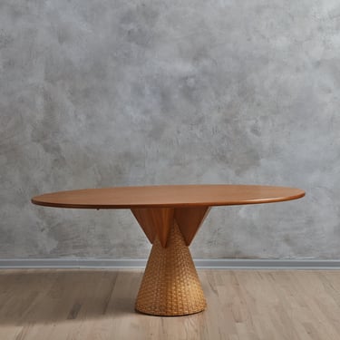 Architectural Cherry Wood Dining Table with Rattan Pedestal Base by Bonacina, Italy 1970s