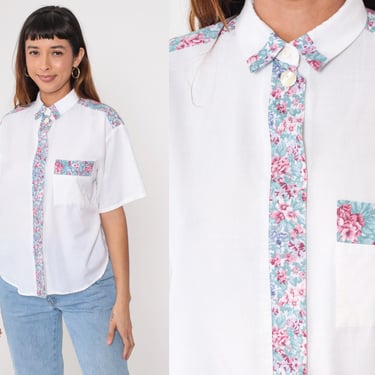 Vintage 90s White Button-Up Blouse with Floral Accents Short Sleeve 1990s Casual Fritzi Petites Medium 