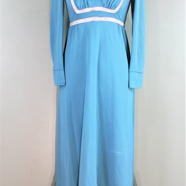 Blue Boo - 1970s - Prairie Style - Polyester knit dress - Estimated size XS 