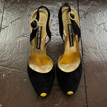 Vintage ‘80s Anne Klein Couture black suede slingback heels | peep toe made in Italy, gold trim, marked 8M, fits 7M 