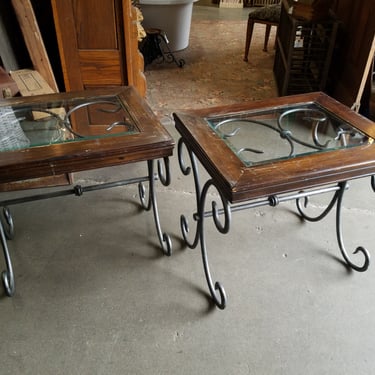 Wood and Wrought Iron End Tables with Beveled Glass Tops Set of 2
