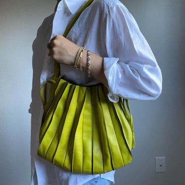 Lupo Abanico Medium Lime Green Pleated Leather Shoulder Bag Tote Purse 