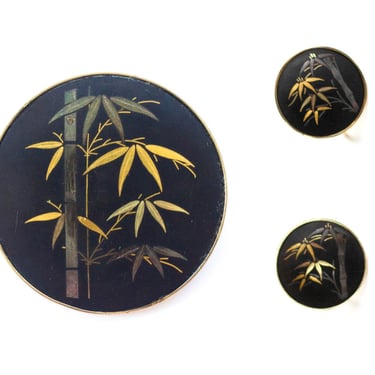 Round black bamboo pendant brooch and earring set 