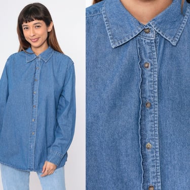 90s Denim Shirt Blue Jean Button Up Pocketless Smooth Front Long Sleeve Boyfriend Shirt Chambray Blouse Cotton Vintage 1990s Extra Large xl 