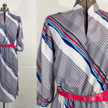 Vintage Diagonal Striped Dress Jewel Tone Stripe 3/4 Sleeve Pink Blue Grey Curvy Volup Large XL 1980s 