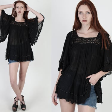 Black Mexican Gauze Tunic / Kimono Sleeve Cotton Blouse / Lightweight Sheer See Through Top / Airy Crochet Trim Angel Beach Cover Up 