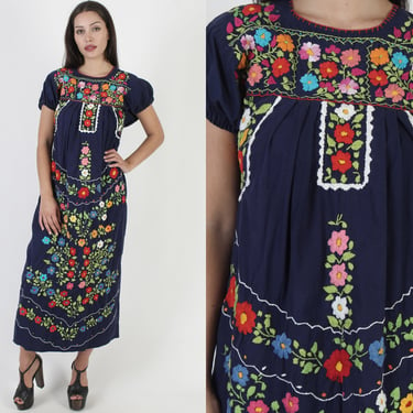 Navy Womens Mexican Maxi Dress / Vintage Heavily Hand Embroidered Dress 