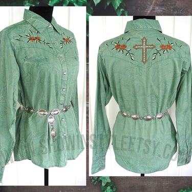 Pink Cattlelac Vintage Retro Western Women's Cowgirl Shirt, Rodeo Blouse, Mint Green with Floral Embroidery, Size XLarge (see meas. photo) 