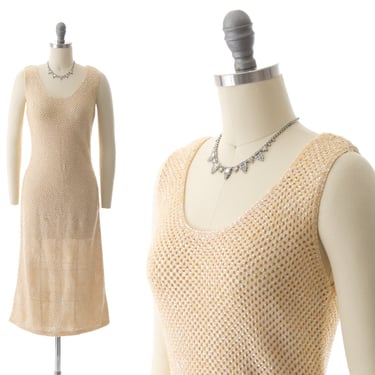 Vintage 1950s 1960s Sweater Dress | 50s 60s Sequin Beaded Cream Knit Wool Wiggle Formal Stretchy Cocktail Evening Dress (x-small/small) 