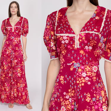 L| 70s Raspberry Red Floral Puff Sleeve Prairie Maxi Dress - Large | Vintage Lace Trim Boho Hippie Formal Gown 