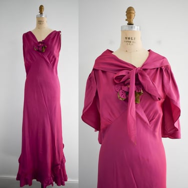 1930s Vibrant Orchid Purple Taffeta Dress and Capelet 