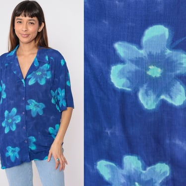 Blue Floral Blouse 90s Button Up Shirt Retro Short Sleeve Top Aqua Watercolor Flower Print Casual Hippie Rayon 1990s Vintage Extra Large xl 