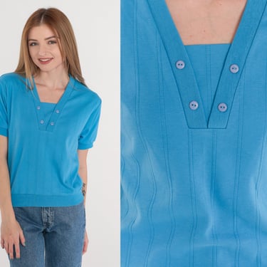 Blue Shirt 80s Slouchy T-Shirt Ribbed Short Sleeve Banded Hem Top Layered V Neck Retro Plain Solid Basic Casual Tee Vintage 1980s Small xs s 