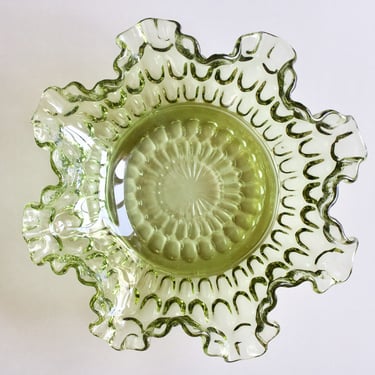 Fenton Art Glass Mid Century Ruffled Thumbprint Bowl - 1950s - 1960s Decorative Colonial Green Glass Dish 