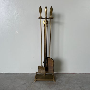 Vintage Brass Fireside  Tools And  Stand - Set Of 5 