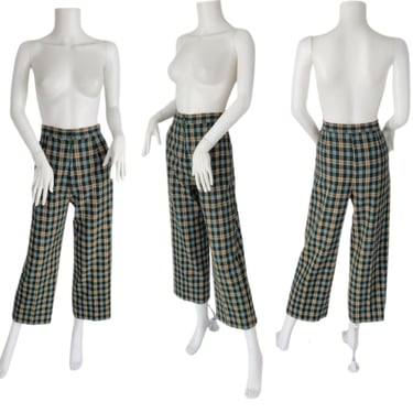 1970's Green Tan Wool Plaid High Waist Pants I Trousers I Sz Med 