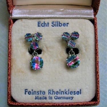 Vintage 1930's Art Deco Germany Iris Rainbow Glass Earrings, Vintage Silver Screw Back Earrings; Silver Rainbow Earrings (#4220) 