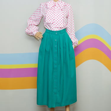 Vintage 1980s Ralph Lauren Green Cotton Midi Skirt | Medium | 13 