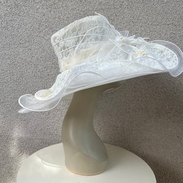 Vintage white large brim hat organza netting floral 23” fit Wedding Derby theme by Something Special 