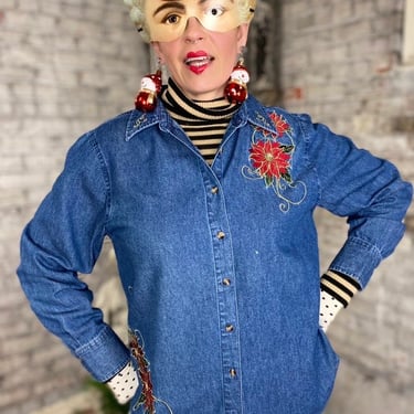 Vintage  Christmas Denim Button Up Holiday Party 